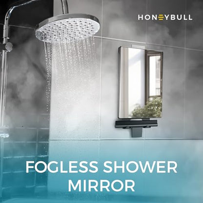 HONEYBULL Fogless Shower Mirror for Shaving with Water Tank, Adhesive Mount | Built in water reservoir for natural fog free effect, easy installation, bonus squeegee, razor holder, 5.5" x 8" mirror