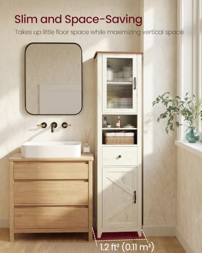 VASAGLE LIRY Collection -Tall Bathroom Cabinet, Farmhouse Freestanding Storage Cupboard with Drawer and Doors, Narrow Space Saver, 15.7 x 12.4 x 67.3 inch, Rustic White and Honey Brown, UBBK760W101S