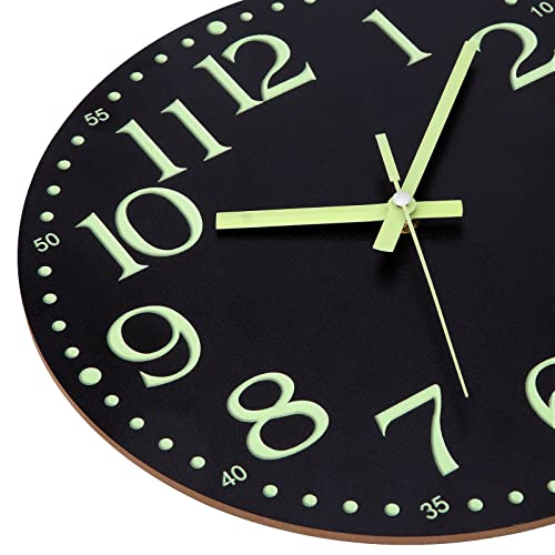 Wall Clock Glow in the Dark Clocks Battery Operated Silent 12 Inch | Black Wood Wall Clock Non-Ticking Analog Luminous Clock for Living Room Bedroom Office Kitchen Classroom Bathroom