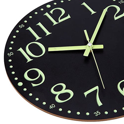 Wall Clock Glow in the Dark Clocks Battery Operated Silent 12 Inch | Black Wood Wall Clock Non-Ticking Analog Luminous Clock for Living Room Bedroom Office Kitchen Classroom Bathroom