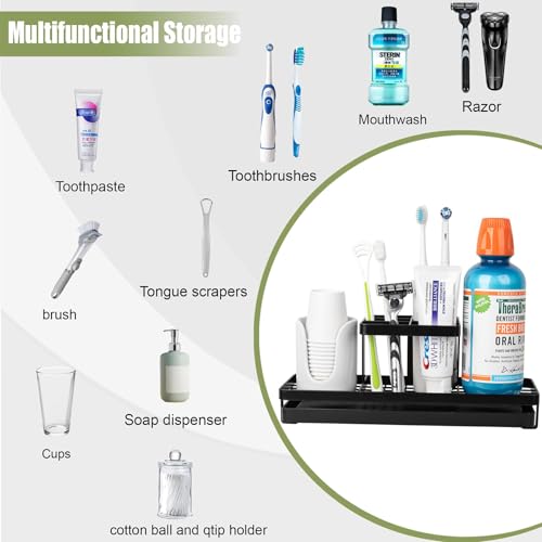 Toothbrush Holders Toothpaste Organizer Bathroom Accessories, Matte Black | Carbon Steel, 5 Slots, Removable Drip Tray, Easy to Clean, Electric Toothbrush Storage, for Countertop, Shower, Sink