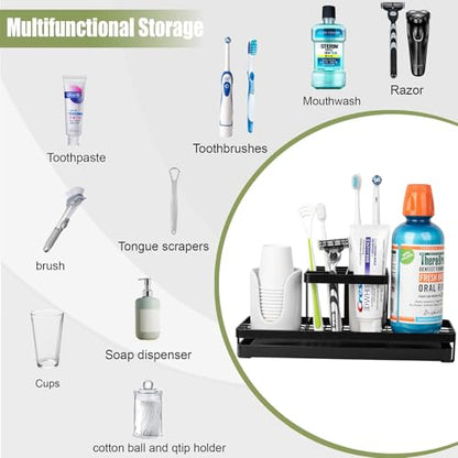 Toothbrush Holders Toothpaste Organizer Bathroom Accessories, Matte Black | Carbon Steel, 5 Slots, Removable Drip Tray, Easy to Clean, Electric Toothbrush Storage, for Countertop, Shower, Sink