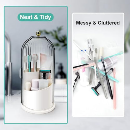 Toothbrush Holders with Sliding Lid, Rotating 3 Slots Bathroom Organizer Countertop, Tooth Brush Toothpaste Holder Bathroom Counter Stand Sink Organizer Caddy for Vanity Makeup Brushes Holder