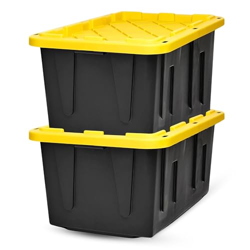 HOMZ Durabilt Plastic Storage Bins with Lids, 27 Gal, Black/Yellow, 2 Pack | Heavy-Duty Large Stackable Container Boxes for Home, Attic, and Garage Organization