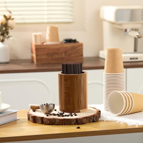 Acacia Wood Coffee Straw Holder Set with 100 Disposable Straws, Wooden Bar Accessories for Milk Cocktail Tea Drinks Stirrer Stir Sticks, Organizer for Station Countertop