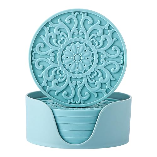 Colinda Silicone Coasters - Set of 6 with Holder, Non-Slip Cup Mats for Hot and Cold Drinks, Decorative Designs, Gift Ready Packaging,Turquoise
