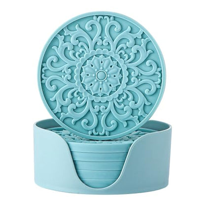 Colinda Silicone Coasters - Set of 6 with Holder, Non-Slip Cup Mats for Hot and Cold Drinks, Decorative Designs, Gift Ready Packaging,Turquoise