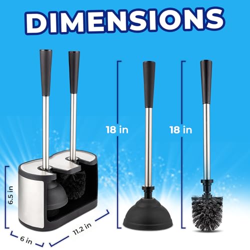 Toilet Brush and Plunger Set, Satin Nickel, Long Handle Freestanding | Satin Nickel, Toilet Brush + Plunger Combo, No-Rust Stainless Steel, Long Handle, Freestanding Canister