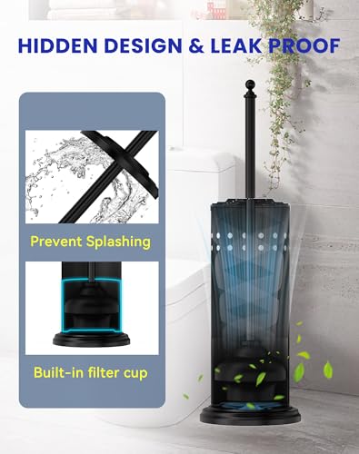 Dowry Toilet Plunger with Holder for Bathroom Black 18.7In | Hidden Toilet Bowl Cleaners Long Handle with Cover Powerful Force Suction Cup Heavy Duty Deep Cleaning
