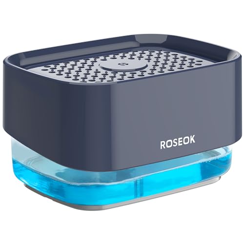 ROSEOK Dish Soap Dispenser with Sponge Holder for Kitchen, Navy Blue | 2 in 1 Countertop Soap Pump Dispenser for Sink, Countertop, Dish Cleaning, 17 Ounces