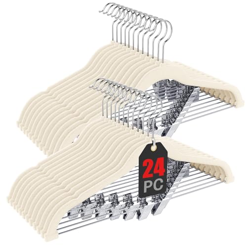 Korpai 24-Pack Beige Velvet Hangers with Clips Adjustable,Adult Hangers,Outfit Hangers,Heavy-Duty,Non-Slip,Space Saving, Felt Hanger for Pants, Skirts, Suits,Coats, Dresses ect.