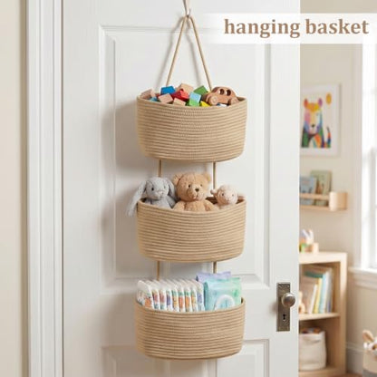 TeoKJ Over the Door Hanging Basket, 3-Tier Woven Cotton Wall-Mounted Storage Organizer Bag Decorative Hanging Nursery Baskets, Jute