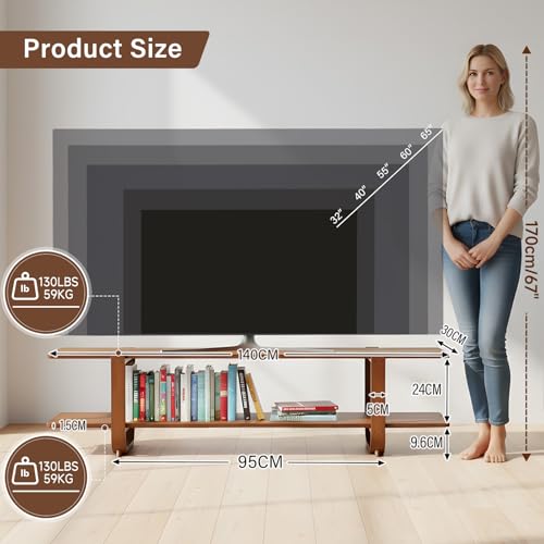 Walnut TV Stand for 65-Inch TVs, 2 Open Shelves, Modern Media Console | Bamboo Construction, Mid Century Style, Open Storage for Electronics and Decor in Living Rooms and Bedrooms
