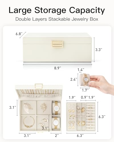 VLANDO Jewelry Organizer,2 Layer Jewelry Box Large Jewelry Organizer for Mothers Day Mom Gifts Women Removable Jewelery Tray with Watch Pillow for Necklace Earrings Rings Bracelets(Cream White)