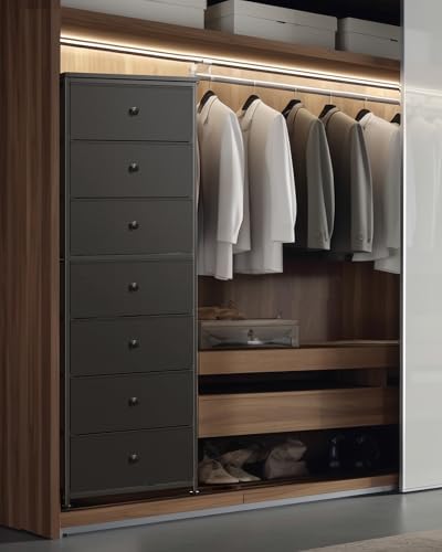 Mifuro Tall Fabric Dresser for Bedroom, Vertical Storage Organizer Tower with 7 Drawers, Chest of Drawers with Bins, Steel Frame, Wood Top for Bedroom, Closet, Entryway Black