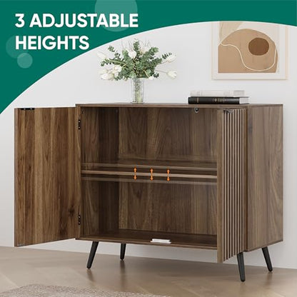 Smuxee Fluted Sideboard Cabinet, Freestanding Walnut Buffet Cabinet with Adjustable Shelf, Wood Storage Cabinet for Living Room, Entryway, Hallway