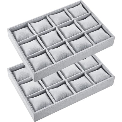 2 Pieces 12 Grid Velvet Watch Tray Jewelry Organizer Stackable Watch Bracelet Bangle Display Holder Adjustable Pillow (Gray)