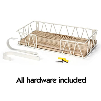 TJ.MOREE Ironing Board Hanger Wall Mount - Laundry Room Decor Iron and Ironing Board Holder with Large Storage Wooden Base Basket and Removable Hooks(T&V Shaped) Cream