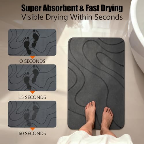 Stone Bath Mat, Quick Dry Shower Mat, Diatomaceous Earth Shower Mat, Non-Slip Hard Surface, Ultra Absorbent Bathroom Floor Mat for Tub, Entry, or Sink – 23.6" x 15.4", Gray (Wave)