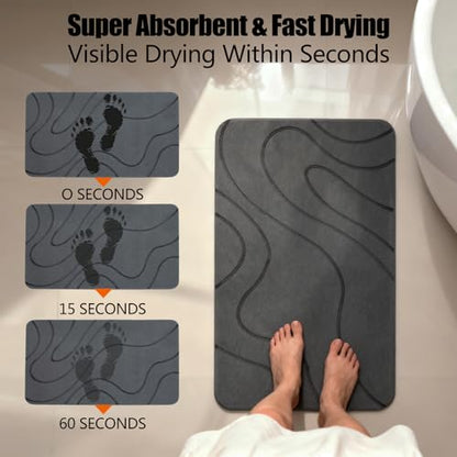 Stone Bath Mat, Quick Dry Shower Mat, Diatomaceous Earth Shower Mat, Non-Slip Hard Surface, Ultra Absorbent Bathroom Floor Mat for Tub, Entry, or Sink – 23.6" x 15.4", Gray (Wave)