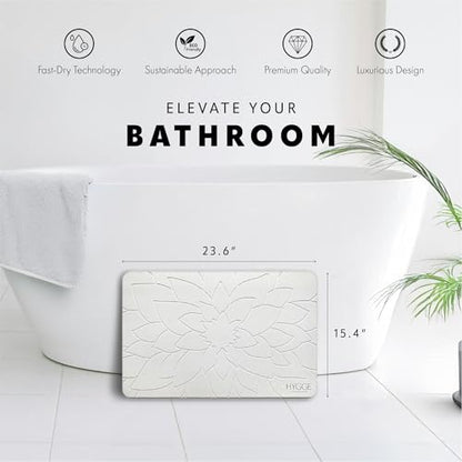 Diatomaceous Earth Stone Bath Mat - Ivory Bloom | Modern Fast Dry Bathroom Floor Shower Mat, Quick Drying Premium Luxury Diatomite Spa Stone Gift, Non-Slip Base, 23.6” x 15.4”