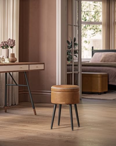 VASAGLE EKHO Collection - Storage Ottoman, Vanity Chair Stool, Synthetic Leather with Stitching, Mid-Century Modern, Round Storage Seat with Steel Legs, Loads 330 lb, Caramel Brown ULOM005KN08