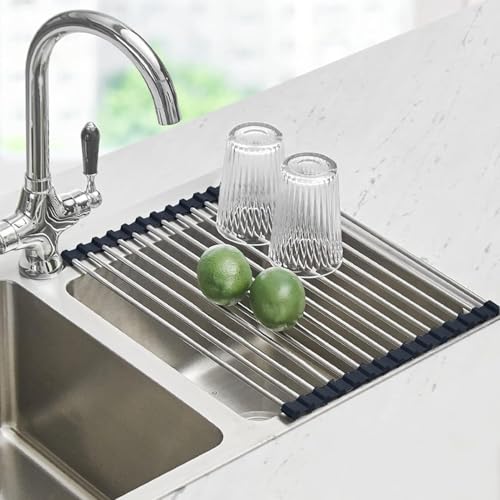 Roll Up Dish Drying Rack Over The Sink for Kitchen... (Black | Stainless Steel)