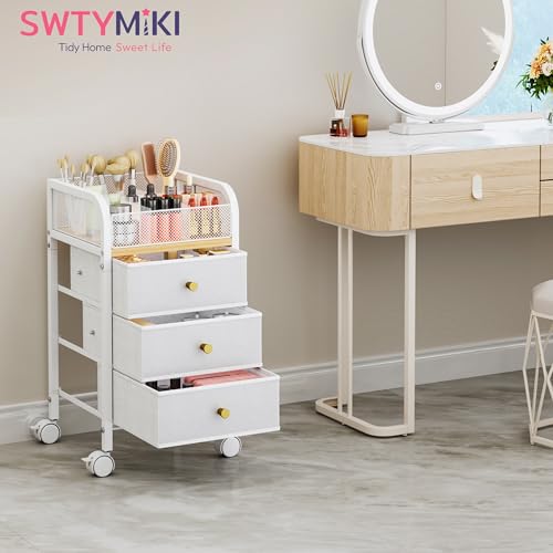 Rolling Makeup Organizer Cart - Under Desk Vanity Makeup Storage with 3 Non-woven Drawers, Nail Cart Organizer Cosmetic Display Cases Cabinet for Skin Care Perfume Nail Polish Brush Hair Tool
