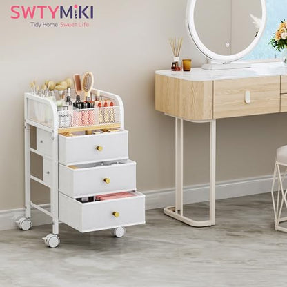 Rolling Makeup Organizer Cart - Under Desk Vanity Makeup Storage with 3 Non-woven Drawers, Nail Cart Organizer Cosmetic Display Cases Cabinet for Skin Care Perfume Nail Polish Brush Hair Tool