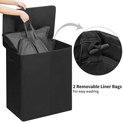 WOWLIVE 154L Double Laundry Hamper 2 Section with Lid and Removable Bags | Divided Laundry Basket, Large Dirty Clothes Hamper with Handle, Collapsible Laundry Storage for Dorm Room, College, Black