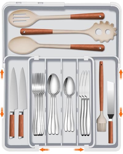 Silverware Drawer Organizer Tray, Adjustable Cutle... (Grey | Polypropylene)