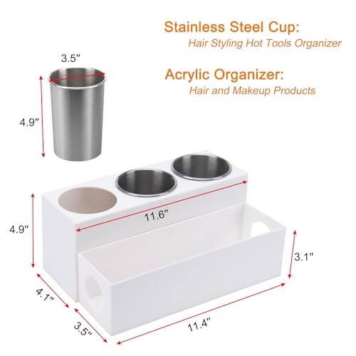 Hair Tool Organizer with 3 Stainless Steel Cups, Cooling Hot Tools | Bathroom Vanity Storage, Hair Styling Accessorier Hair Dryer, Blow Dryer, Curling Iron, Flat Iron, Hair Straightener