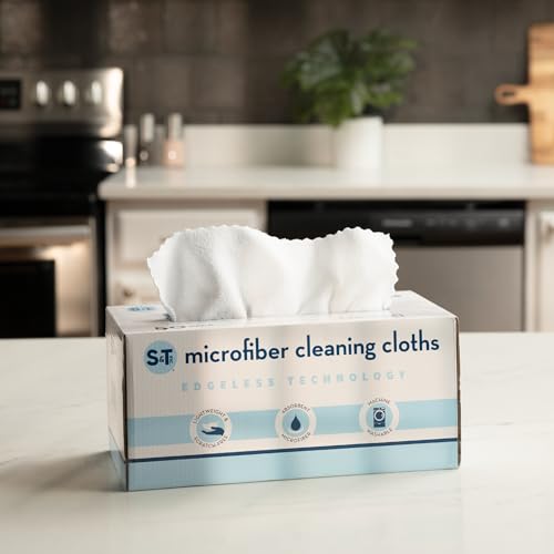 S&T INC. Microfiber Cleaning Cloth, 50 Pack, 11.8" x 11.8", White | Storage Box Included, Edgeless Cleaning Cloth for Home and Car, Reusable and Multi-Purpose Cleaning Rags, Machine Washable