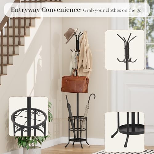 Coat Rack Freestanding with Umbrella Holder – Metal Hanger Stand, Hall Tree with 12 Hooks, Entryway Organizer for Hats, Bags, and Clothes (Black)