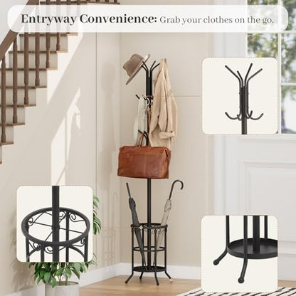 Coat Rack Freestanding with Umbrella Holder – Metal Hanger Stand, Hall Tree with 12 Hooks, Entryway Organizer for Hats, Bags, and Clothes (Black)