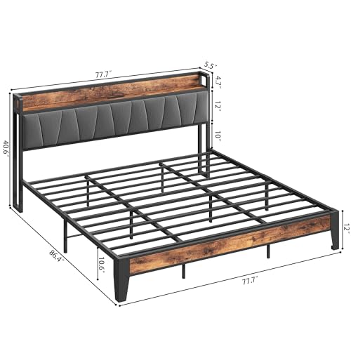 LIKIMIO King Size Bed Frame, Storage Headboard with Charging Station, Solid and Stable, Noise Free, No Box Spring Needed, Easy Assembly