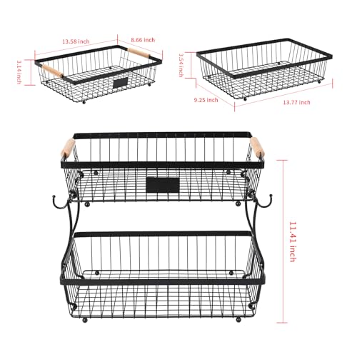 Fruit Basket Bowl 2 Tier Detachable with 2 Banana Hangers, Fruit Stand Holder for Kitchen Countertop, Metal Wire Vegetable Storage Organizer, for Bread Snack Veggies Produce, Black