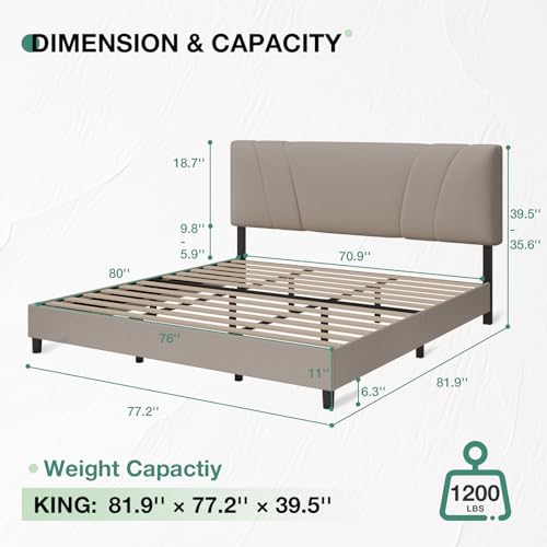 Novilla King Size Bed Frame with Adjustable Headboard Platform King Bed Frame Linen Fabric Upholstered Headboard, No Box Spring Needed, Noise-Free, Wooden Slats Support, Easy Assembly, Beige