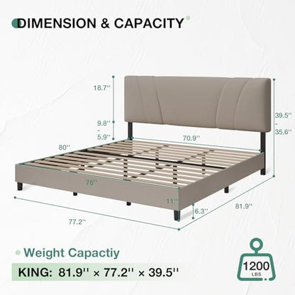 Novilla King Size Bed Frame with Adjustable Headboard Platform King Bed Frame Linen Fabric Upholstered Headboard, No Box Spring Needed, Noise-Free, Wooden Slats Support, Easy Assembly, Beige