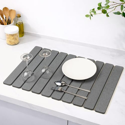 Stone Drying Mat for Kitchen Counter, 24"x16" Large Dark Gray Foldable Diatomaceous Earth Mat, Quick-Dry Super Absorbent Stone Dish Drying Mat for Dishes Bottles Cups