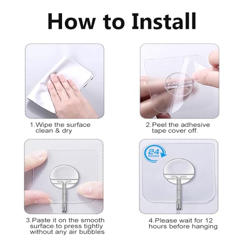 Adhesive Wall Hooks No Drill Clear Heavy Duty, 13LB Sticky 12 Pack | Waterproof Transparent Sticky Hooks for Hanging, 13lbs Max Load No Damage,Ideal for Towel,Coat,Bathroom,Kitchen,Home