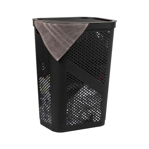 Slim Laundry Hamper with Lid, 60L Clothes Basket,... (Black | Plastic)