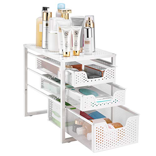 Simple Trending Under Sink Organizer 3-Tier with Sliding Storage Drawer | Multi-Purpose Desktop Organizer, Metal Cabinet Organizer for Kitchen Bathroom Office, Stackbale, Space Saving, White
