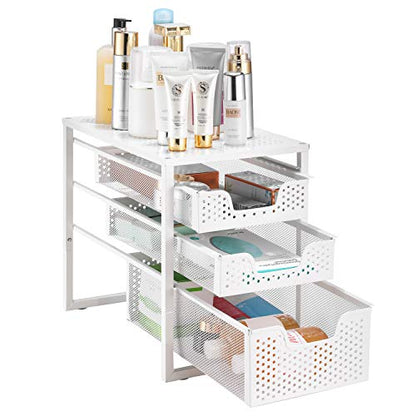 Simple Trending Under Sink Organizer 3-Tier with Sliding Storage Drawer | Multi-Purpose Desktop Organizer, Metal Cabinet Organizer for Kitchen Bathroom Office, Stackbale, Space Saving, White