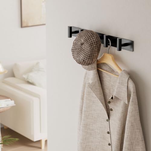 Black Wall Mounted Coat Rack – 5 T-Shaped Hooks on 16.5" Rail, (1 Pack) | for Hanging Hats, Bags & Towels, Heavy-Duty Metal Hooks for Entryway, Bathroom, Closet, Bedroom