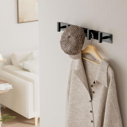 Black Wall Mounted Coat Rack – 5 T-Shaped Hooks on 16.5" Rail, (1 Pack) | for Hanging Hats, Bags & Towels, Heavy-Duty Metal Hooks for Entryway, Bathroom, Closet, Bedroom