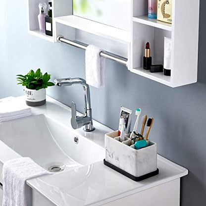 Marble Look Toothbrush Holder for Bathroom Countertop Organizer, Holds Toothpaste, Dental Floss, Razor, Comb, Makeup Brushes, and More, Stylish Bathroom Accessory for Tooth Brushing Essentials