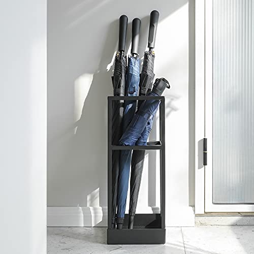 MyGift 20 Inch Tall Black Metal Geometric Umbrella Stand with Drip Tray | Dedicated Shelf For Foldable Umbrellas, Cane Storage, Drip Tray Protection, Entryway Accent, Space Saving Design