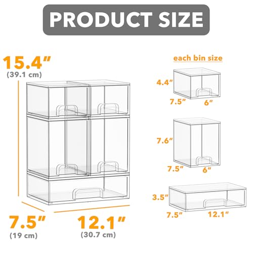 SpaceAid Bottle Storage Organizer Baby - Acrylic Bottles Station Organizer Container, Stackable Clear Drawers for Countertop, Vanity, Bathroom, Cabinet, Pantry Organization, 5 Pack, 2S2M1L, 15.4"H