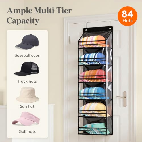 Lifewit 6 Tier Clear Over the Door Hat Rack, Baseball Caps Organizer, Black | Holds up to 84 Hats, Hanging Cap Storage Shelf with Dust Cover, Large Organizer with 2 Adjustable Hooks for Bedroom, Closet
